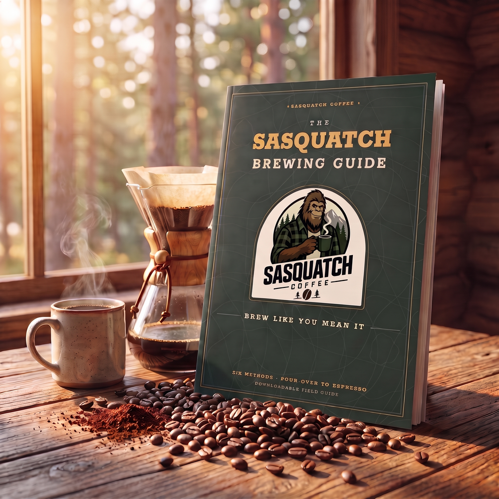 The Sasquatch Brewing Guide — booklet on a cabin table